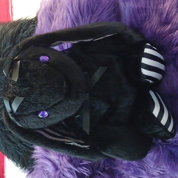 DOLLSKILL WIDOW GOTH BUNNY BAG BLACK PURPLE EYES BACKPACK BLACK FURRY STRAPS - Picture 12 of 15